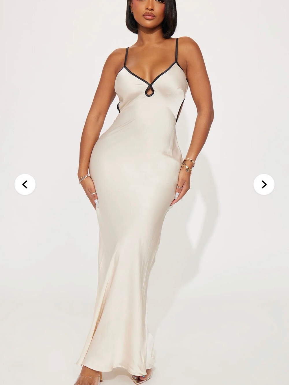 Fashion Nova Champagne Slip Maxi Dress with Black Trim